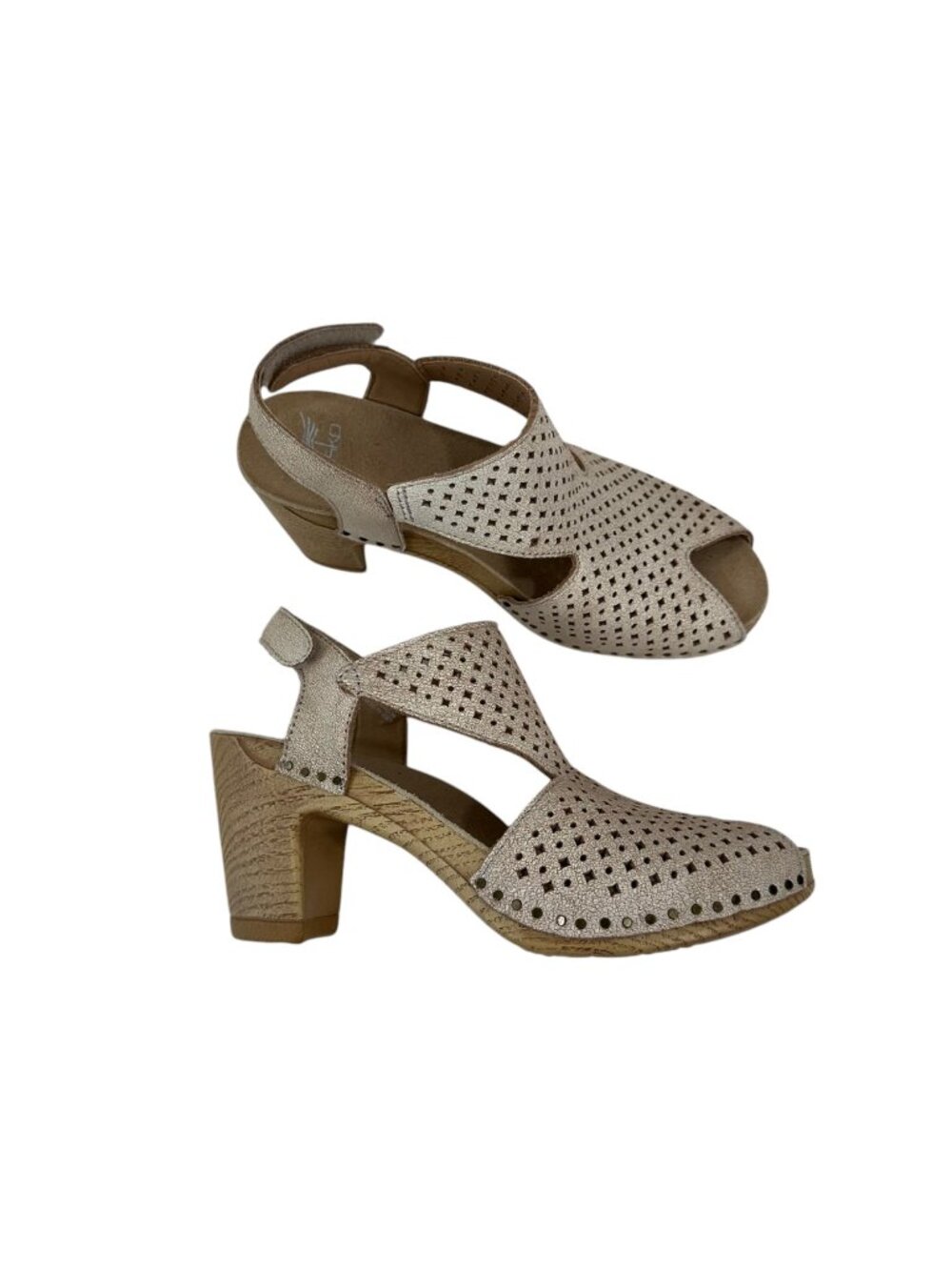 Dansko Beige Leather Perforated Slingback Sandals Wood-Look Block Heel SZ 36